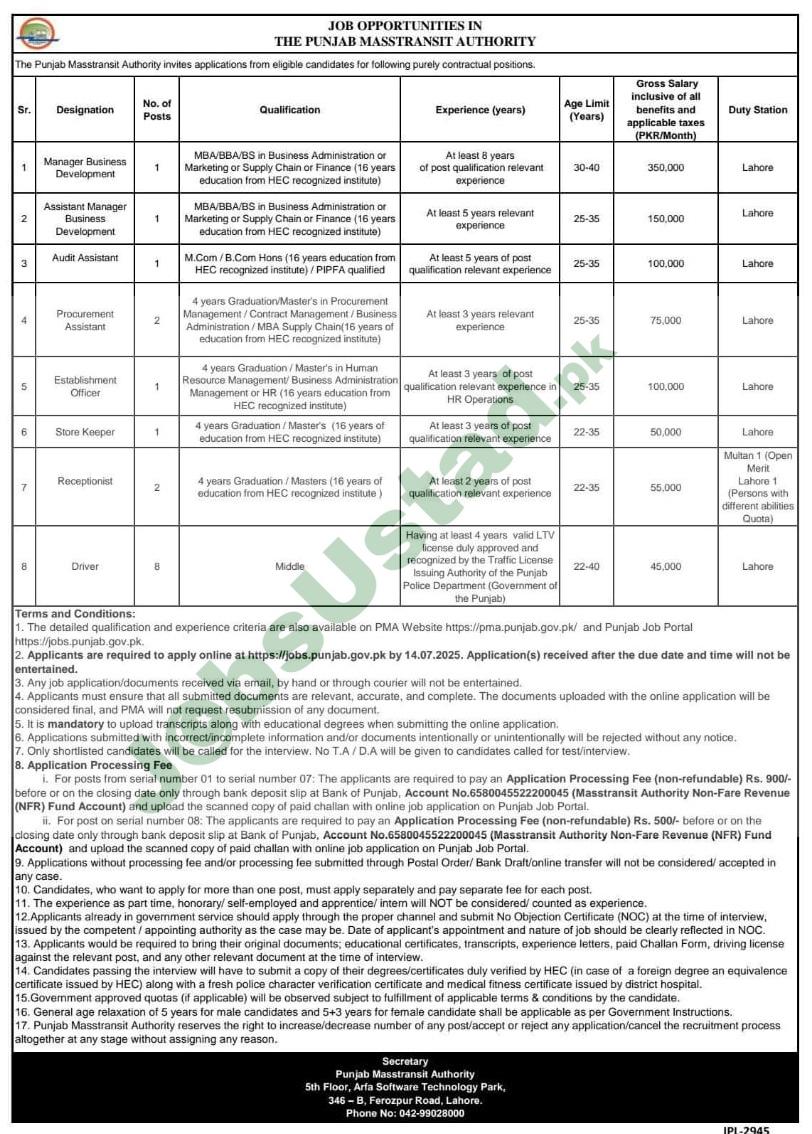 Job Opportunities at Punjab Masstransit Authority (PMA) 2025– July Jobs 2025