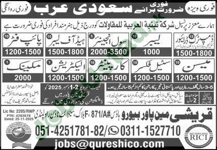 Urgent Overseas Jobs in Saudi Arabia 2025 - Apply for Civil Engineer, Electrician, Mason & Heavy Driver Vacancies