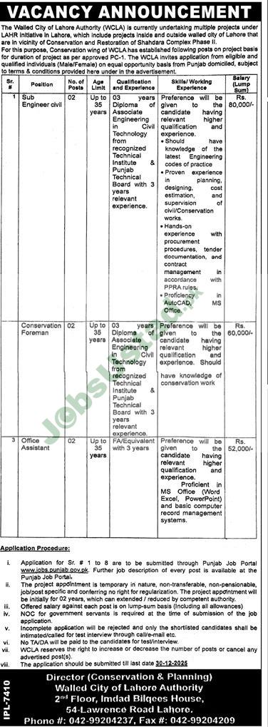 WCLA latest Jobs in Lahore - Walled City of Lahore Authority 2025